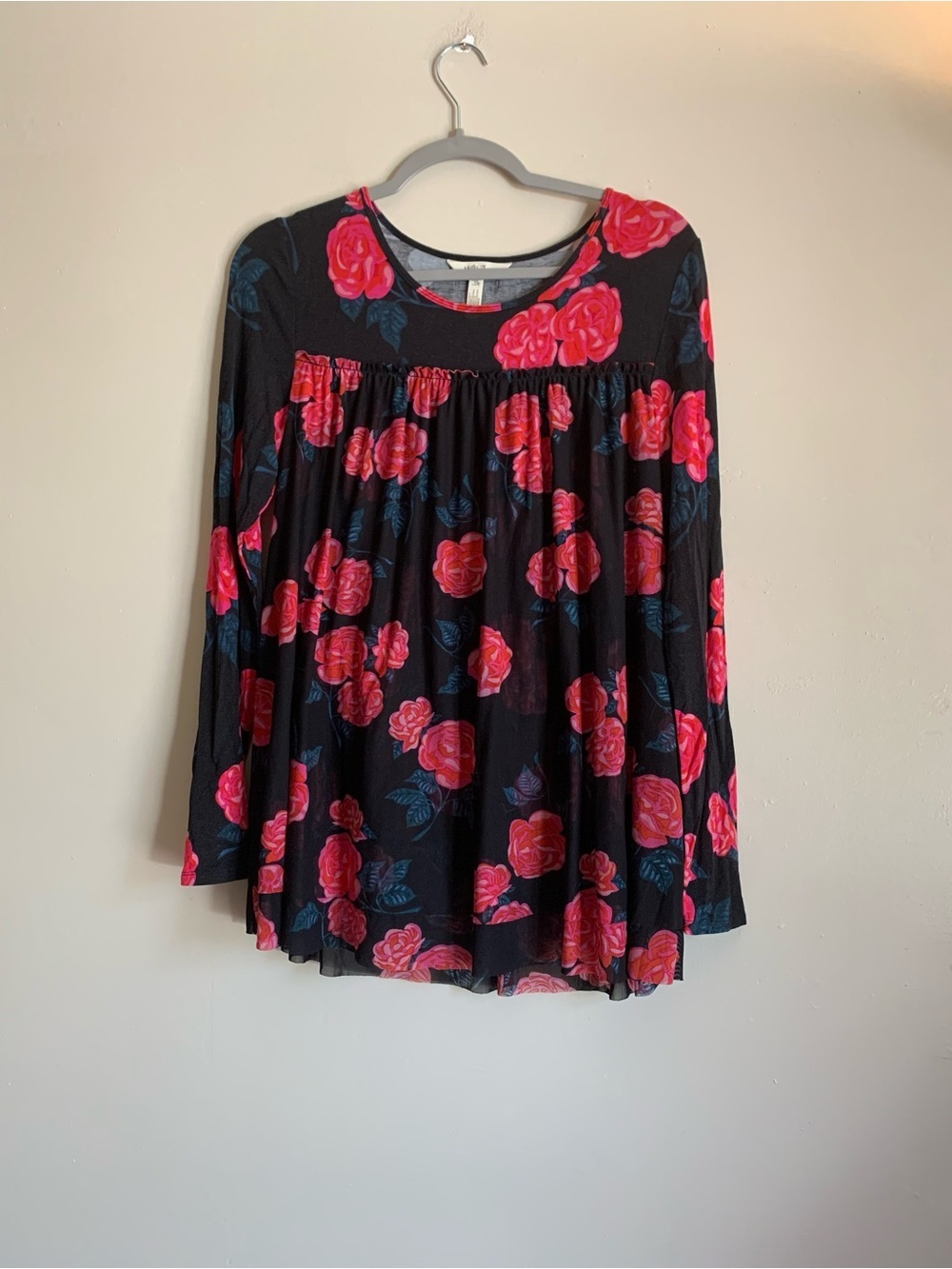 Matilda Jane Black Floral Tunic with Pink Rose Motif Long Sleeve Women Size XS